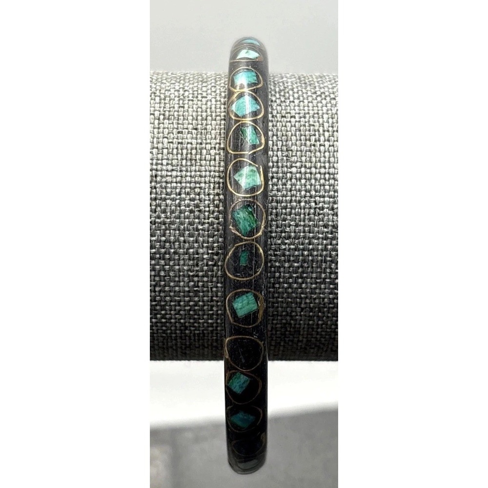 Vintage Boho Brass Bangle Tone Bracelet Turquoise Chip Stone Inlay 8"